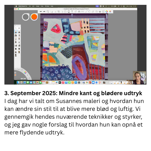 I dag har vi talt om Susannes maleri og hvordan hun kan ændre sin stil til at blive mere blød og luftig. Vi gennemgik hendes nuværende teknikker og styrker, og jeg gav nogle forslag til hvordan hun kan opnå et mere flydende udtryk.